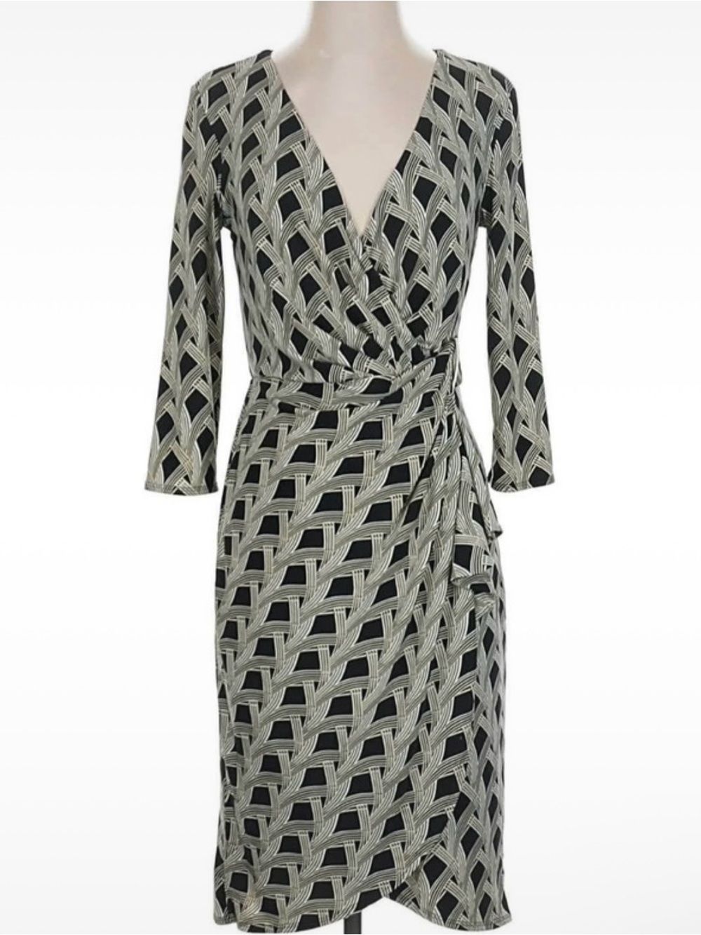 Geometric Wrap Tulip Midi Dress Black Ivory Stretch Cocktail Career Size 4